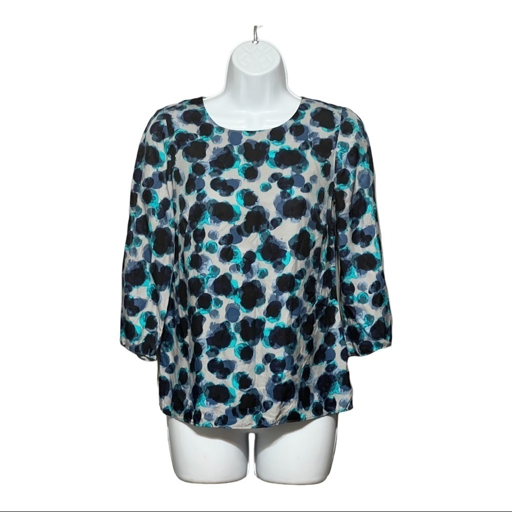 Boden Silk Blouse Turquoise & Gray Quarter Sleeve Printed Top Size 2